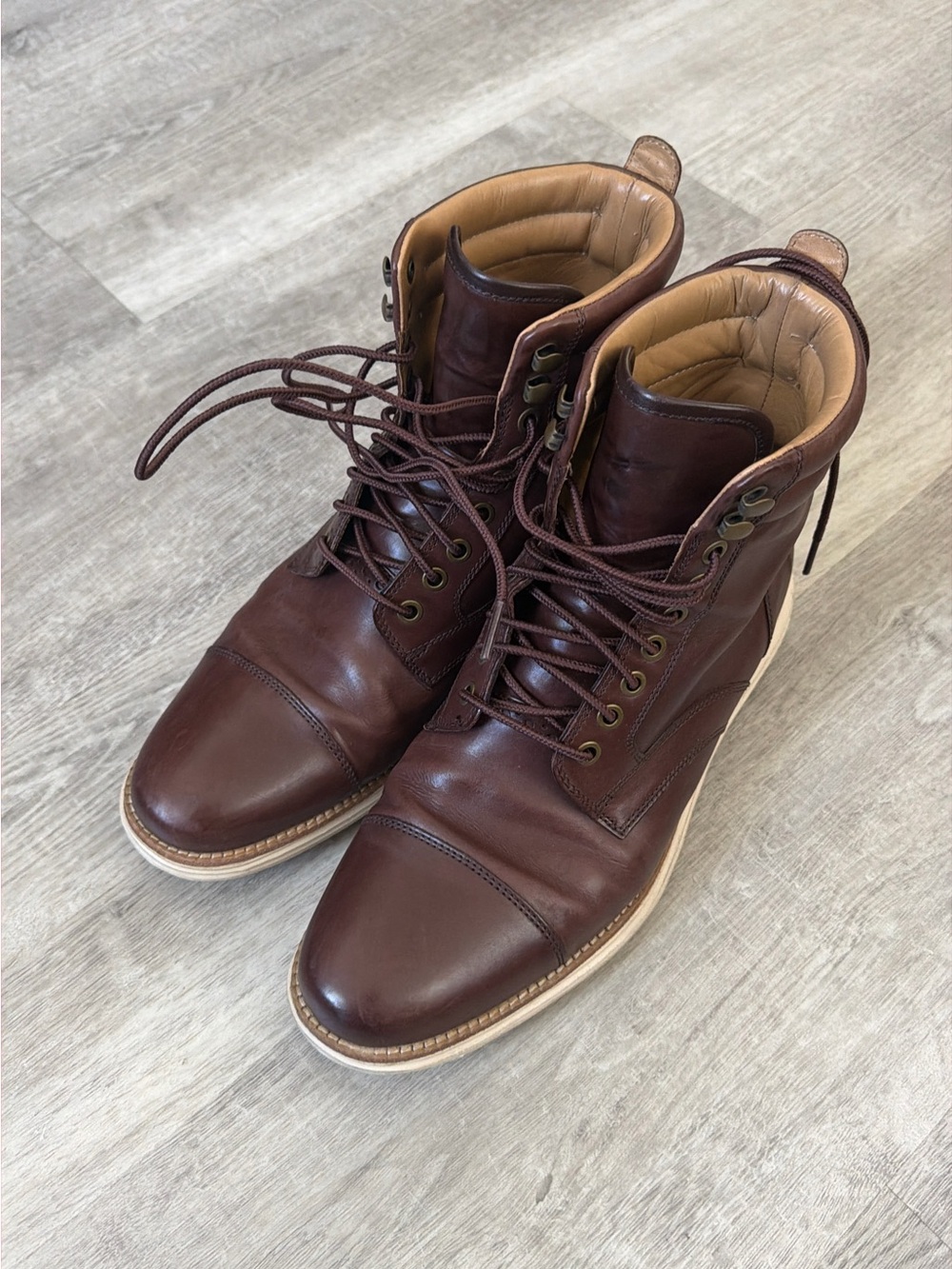 Cole Haan Dark Brown Leather Lace-Up Boots with Tan Collar